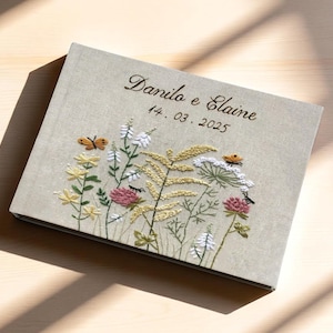 Custom Name Wildflower Garden Wedding Guest Book, Personalized Floral Hand Embroidered Linen Guestbook, Memory Scrapbook, Wedding Keepsake