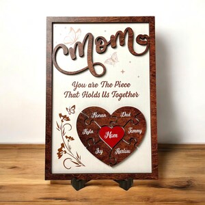 Presente de madeira personalizado para o dia das mães, placa de quebra-cabeça em forma de coração com nomes, família, mãe, avó, mamãe, avó, presente personalizado para avós, presentes para mães