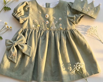 Custom Wildflower Garden Hand Embroidered Dress for Girls, Toddler Linen Dress, Personalized 1st Birthday Soft Linen Dress, Kids Clothing