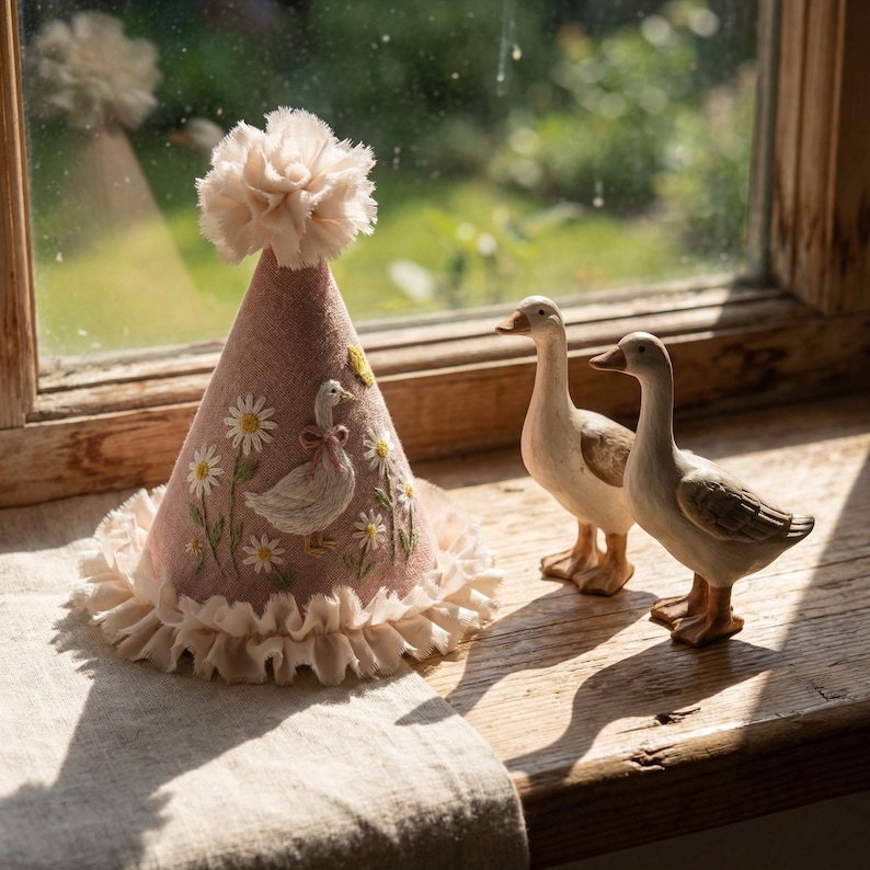 May include: A dusty pink cone-shaped party hat featuring embroidered white daisies and a central goose figure with a pink bow. The hat is topped with a ruffled fabric pom-pom and finished with a gathered fabric trim along the bottom edge.