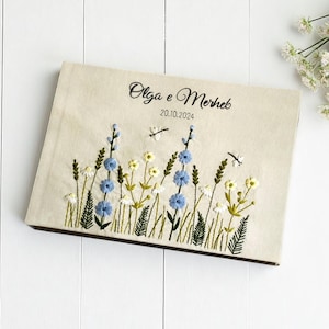 Personalized Wildflower Garden Wedding Guest Book, Custom Floral Hand Embroidered Linen Guestbook, Memory Scrapbook, Wedding Keepsake Gift