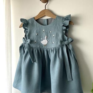 Silly Goose Birthday with Daisy Flower Ruffle Sleeve Dress for Girls, Custom 1st Birthday Soft Linen Dress, Embroidered Toddler Linen Dress