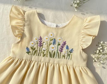 Hand Embroidered Wildflowers Linen Dress, Toddler Girl Birthday Dress, Soft Linen Dress, Summer Flower Girl Outfit, Kid Clothing