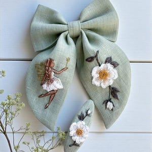 Fairy Hand Embroidered Linen Hair Bow, Girl School Bow Tie, Flower Linen Hair Bow, Fabric Hair Bow, School Accessories Gift