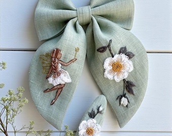 Fairy Hand Embroidered Linen Hair Bow, Girl School Bow Tie, Flower Linen Hair Bow, Fabric Hair Bow, School Accessories Gift