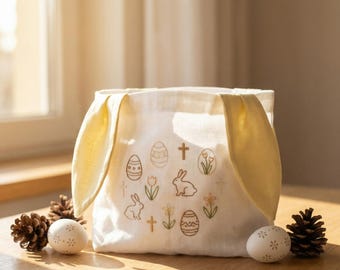 Christian Easter Hand Embroidered Basket, Egg Hunt Linen Basket, Jesus Bunny Ears Basket, Happy Easter Christian Basket, Easter Gift For Kid
