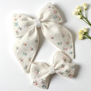 Vintage Flowers Hand Embroidered Hair Bow Clip, Floral Hair Bow Tie, Handmade Linen Hair Bow, Fabric Hair Bow, Hair Accessories Gift
