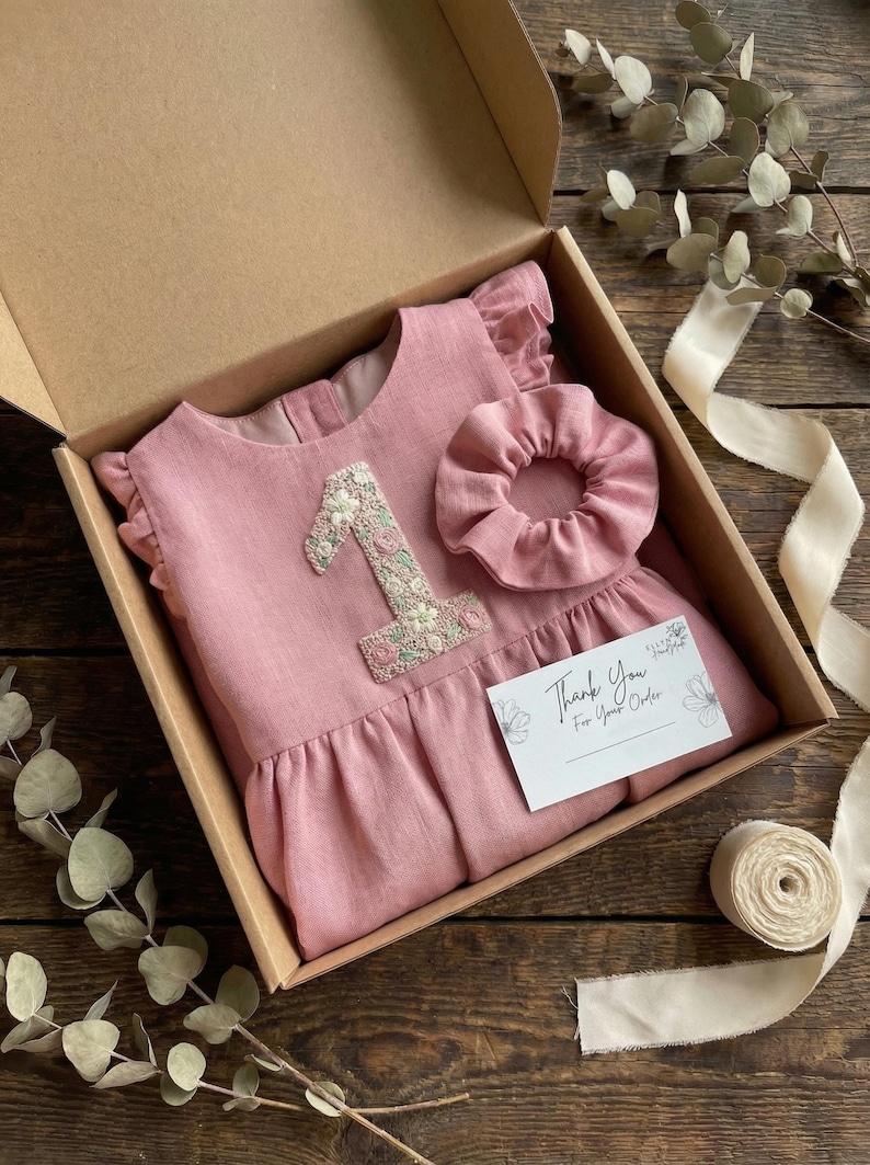 Personalized 1st Birthday Soft Linen Dress, Flowers Ruffle Sleeve Dress for Girls, Hand Embroidered Toddler Linen Dress, 1st Birthday Outfit image 7