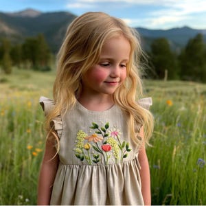 Vintage Wildflower Garden Hand Embroidered  Dress for Girls, 1st Birthday Soft Linen Dress, Toddler Linen Dress, Kids Clothing