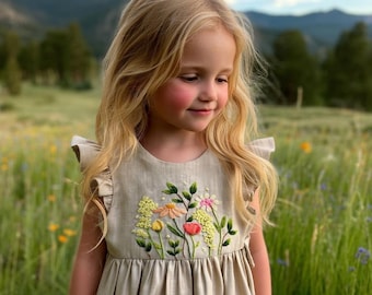 Vintage Wildflower Garden Hand Embroidered  Dress for Girls, 1st Birthday Soft Linen Dress, Toddler Linen Dress, Kids Clothing