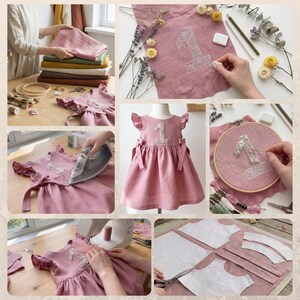Personalized 2nd Birthday Soft Linen Dress, Hand Linen Birthday Dress for Girls, Flowers Ruffle Sleeve Dress for Girls, Birthday Outfit image 4