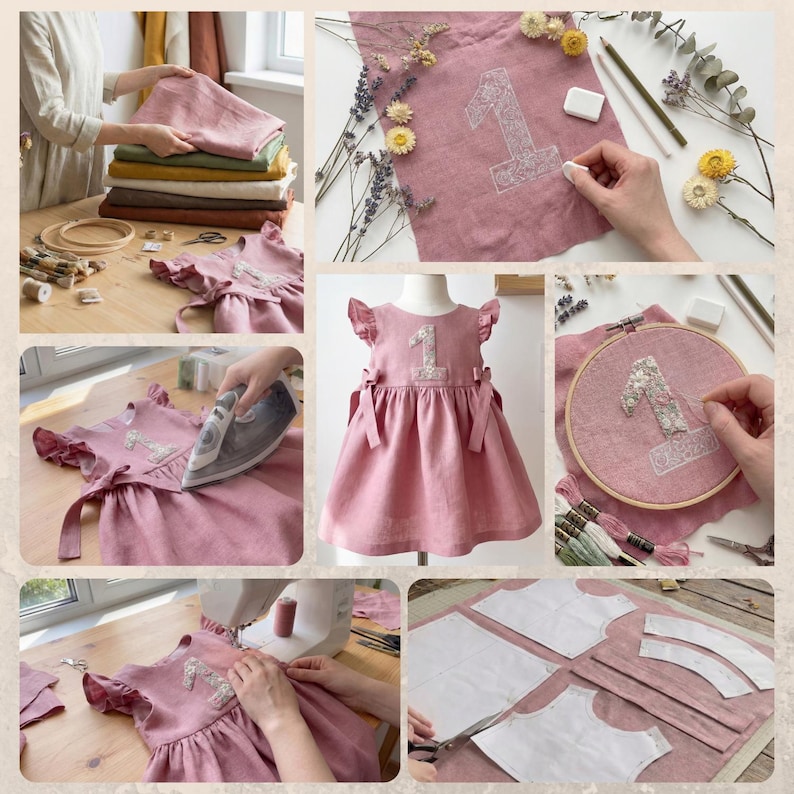 Personalized 2nd Birthday Soft Linen Dress, Hand Linen Birthday Dress for Girls, Flowers Ruffle Sleeve Dress for Girls, Birthday Outfit image 4