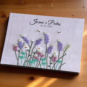 Flower Field Embroidery Wedding Guest Book, Personalized Floral Guestbook, Linen Memory Book, Wedding Engagement Book, Hard Cover Notebook