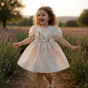 Daisy &Lavender Hand Embroidered Dress for Girls, Custom 1st Birthday Soft Linen Dress, Wildflower Garden Toddler Linen Dress, Kids Clothing