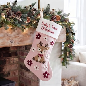Hand Embroidered Baby First Christmas Stocking, Cute Deer Linen Stocking with Custom Name, Christmas Gift for Baby Girl, Xmas Gift 2026