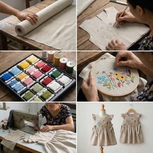 Butterfly & Bee in Wildflower Garden Hand Embroidered Dress for Girls, 1st Birthday Soft Linen Dress, Toddler Linen Dress, Kids Clothing image 2