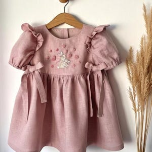 Bunny Love Linen Dress for Girls, Custom 1st Birthday Soft Linen Dress, Hand Embroidered Toddler Linen Dress, Baby Summer Linen Dress