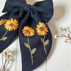 Sunflower Hand Embroidered Linen Hair Bow, Girl School Bow Tie, Flowers Linen Hair Bow, Fabric Hair Bow, School Accessories Gift
