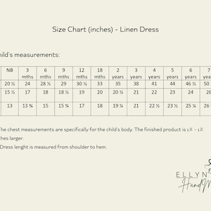 May include: A size chart for a linen dress, with measurements in inches. The chart includes age ranges from newborn to 8 years, detailing height, chest, and dress length measurements. The Ellyn Hand Made logo is in the bottom right corner.