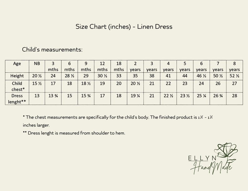May include: A size chart for a linen dress, with measurements in inches. The chart includes age ranges from newborn to 8 years, detailing height, chest, and dress length measurements. The Ellyn Hand Made logo is in the bottom right corner.