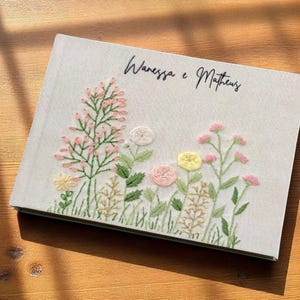 Flower Garden Wedding Guest Book, Personalized Floral Guestbook, Custom Linen Memory Book, Hand Embroidered Book, Hard Cover Notebook