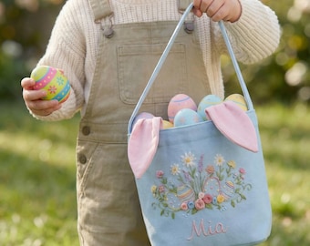 Hand Embroidered Easter Rabbit Basket, Custom Egg Hunting Linen Basket, Bunny Ears Basket For Kids, Rabbit Easter Day Bag, Baby Easter Gift