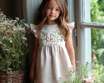 Custom Wildflower Hand Embroidered Sleeveless Dress for Girls, Personalized 1st Birthday Soft Linen Dress, Toddler Linen Dress,Kids Clothing