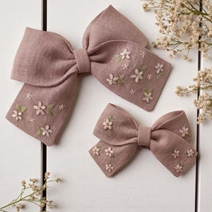 Vintage Pink Flowers Hand Embroidered Hair Bow Clip, Floral Hair Bow Tie, Handmade Linen Hair Bow, Fabric Hair Bow, Hair Accessories Gift