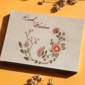 Libro de firmas de boda floral personalizado, libro de firmas bordado a mano, libro de recuerdos de lino personalizado, libro de compromiso de boda, cuaderno de tapa dura