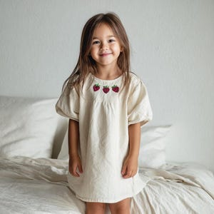 Vintage Strawberries Hand Embroidered Dress for Girls, 1st Birthday Soft Linen Dress, Toddler Linen Dress, Kids Clothing, Strawberry Dress