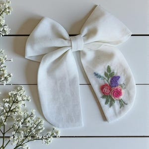 Roses Lavender Hand Embroidered Linen Hair Bow, Girl School Bow Tie, Flowers Linen Hair Bow, Fabric Hair Bow, School Accessories Gift