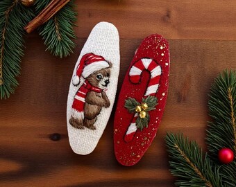 Weihnachtsbär oder Zuckerstange Stickerei Leinen Haarspange, festliche Teardrop Clip, Urlaub Haarspange, Xmas Stoff Haarspange, Toodler Noel Geschenk