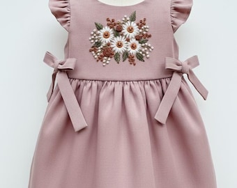 Toddler Girl Fall Dress, 1st Birthday Autumn Soft Linen Dress, Embroidered Pumpkin Daisy Floral Outfit, Halloween Gift, Birthday Outfit