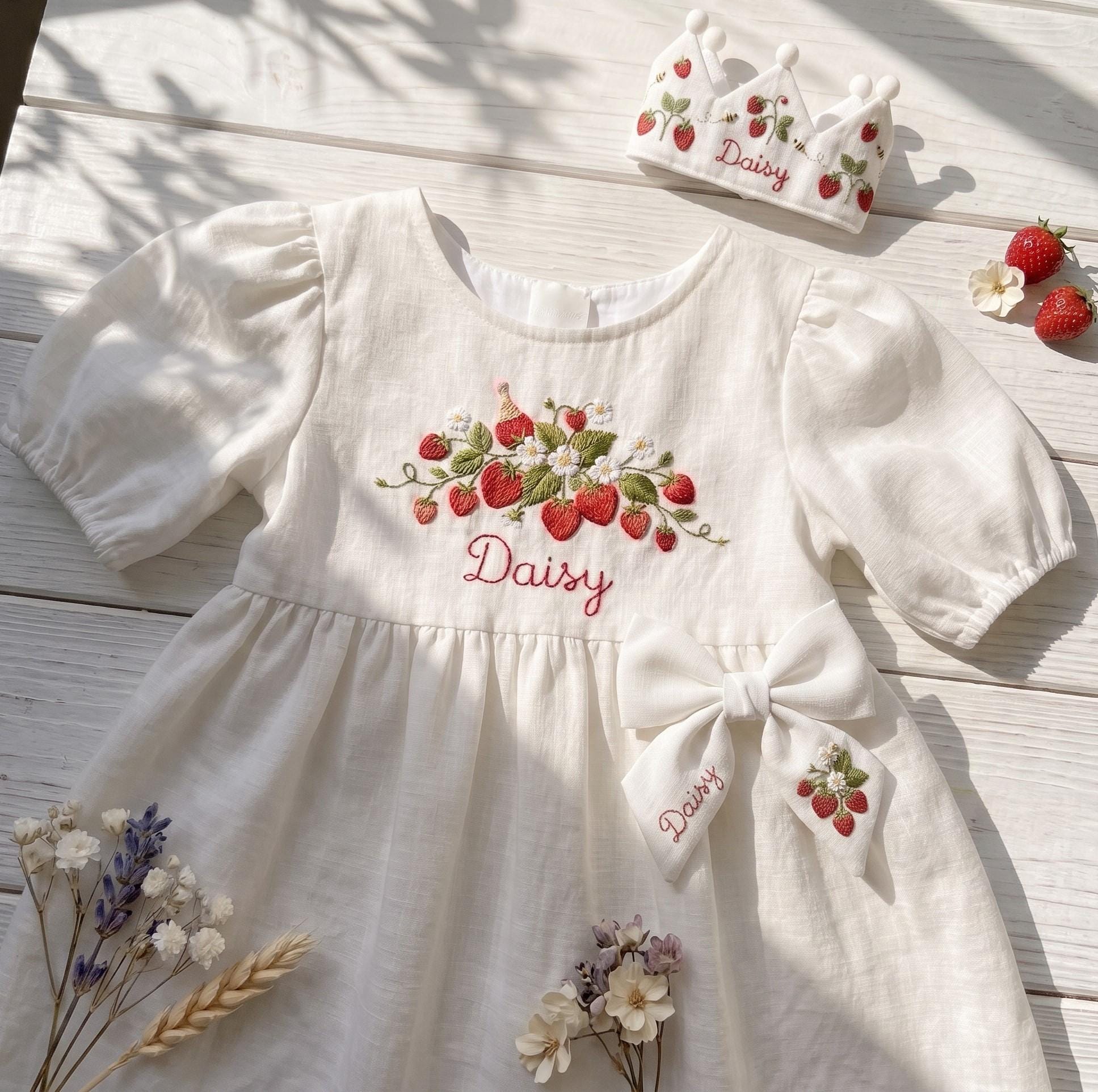 Personalized Strawberry Embroidered Linen Dress for Girls, Handmade Berry Birthday Dress, Toddler Cottagecore Outfit, Baby Girl Dress Gift