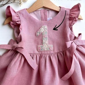 Personalized 1st Birthday Soft Linen Dress, Flowers Ruffle Sleeve Dress for Girls, Hand Embroidered Toddler Linen Dress, 1st Birthday Outfit image 8