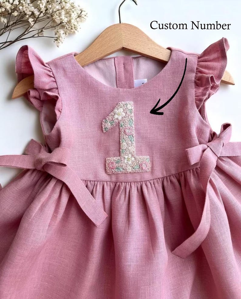 Personalized 1st Birthday Soft Linen Dress, Flowers Ruffle Sleeve Dress for Girls, Hand Embroidered Toddler Linen Dress, 1st Birthday Outfit image 8