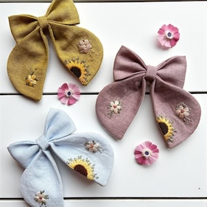 Vintage Sunflower Hand Embroidered Hair Bow Clip, Floral Hair Bow Tie, Handmade Linen Hair Bow, Fabric Hair Bow, Hair Accessories Gift
