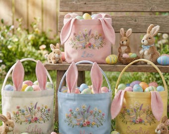 Personalized Hand Embroidered Easter Egg Basket, Egg Hunt Linen Basket, Cute Bunny Ears Basket, Happy Easter Day Basket, Baby Easter Gift