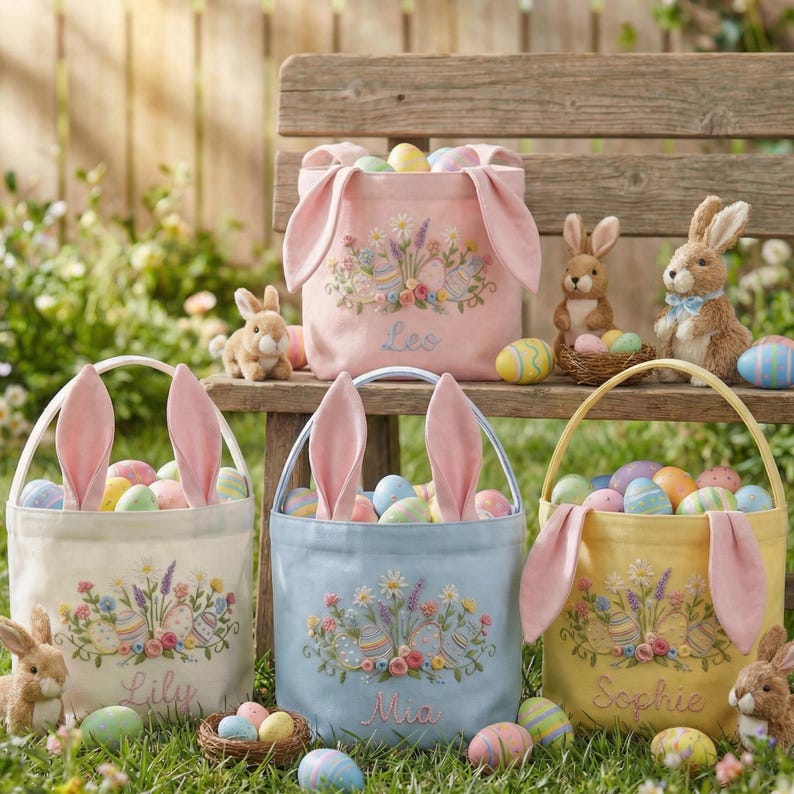May include: Easter-themed baskets in cream, blue, and yellow, each with pink bunny ears and embroidered floral and egg designs. The baskets are filled with colorful Easter eggs. The names "Lily", "Mia", and "Sophie" are embroidered on the baskets.