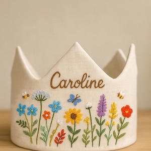 Custom Butterfly & Bee in Wildflower Garden Hand Embroidered Birthday Party Crown, Personalized Floral Linen Crown, Handmade Birthday Crown