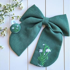 Personalized Snowdrop Hand Embroidered Hair Bow Clip, Floral Hair Bow Tie, Handmade Linen Hair Bow, Fabric Hair Bow, Hair Accessories Gift