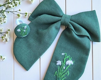 Pinza para el cabello personalizada con bordado a mano de campanilla de invierno, lazo floral para el cabello, lazo de lino hecho a mano, lazo de tela para el cabello, regalo de accesorios para el cabello