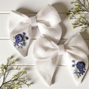 Vintage Blue Flowers Hand Embroidered Hair Bow Clip, Floral Hair Bow Tie, Handmade Linen Hair Bow, Fabric Hair Bow, Hair Accessories Gift