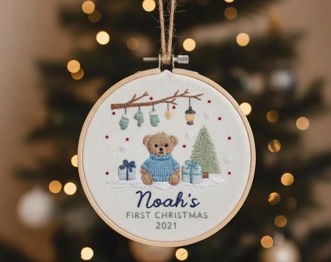 Personalized Baby's First Christmas Teddy Bear Embroidered Ornament, Handmade Custom 2026 Gifts