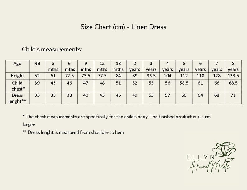 May include: A size chart for a linen dress, with measurements in centimeters. The chart includes age ranges from newborn to 8 years, detailing height, chest, and dress length measurements. The Ellyn Hand Made logo is in the bottom right corner.