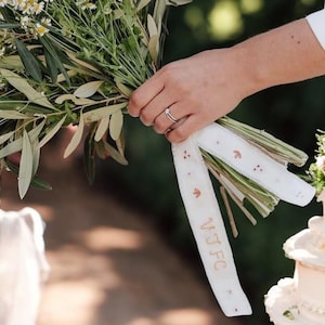 Personalized Hand Embroidered Flowers Bridal Bouquet Ribbon for Flowers/Decor, Custom Name & Date Boho Wedding Bouquet Ribbon