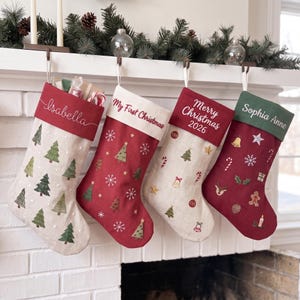 Personalized Christmas Stocking, Hand Embroidered Linen Stocking, Baby First Christmas Gift, Custom Name Mantel Decor, Family Keepsake