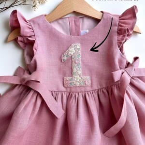 Personalized 2nd Birthday Soft Linen Dress, Hand Linen Birthday Dress for Girls, Flowers Ruffle Sleeve Dress for Girls, Birthday Outfit image 5