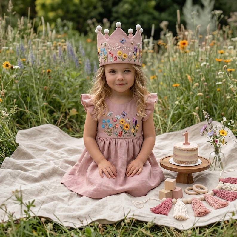 Butterfly & Bee in Wildflower Garden Hand Embroidered Dress for Girls, 1st Birthday Soft Linen Dress, Toddler Linen Dress, Kids Clothing image 3