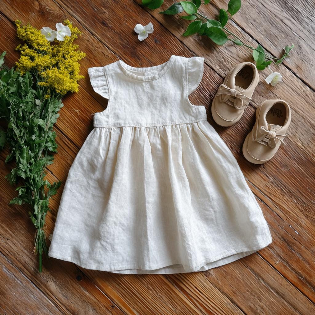 Custom Flowers Girl Dresses, 1st Birthday Soft Linen Dress, Flowers Ruffle Sleeve Dress for Girls, Toddler Linen Dress, 1st Birthday Outfit